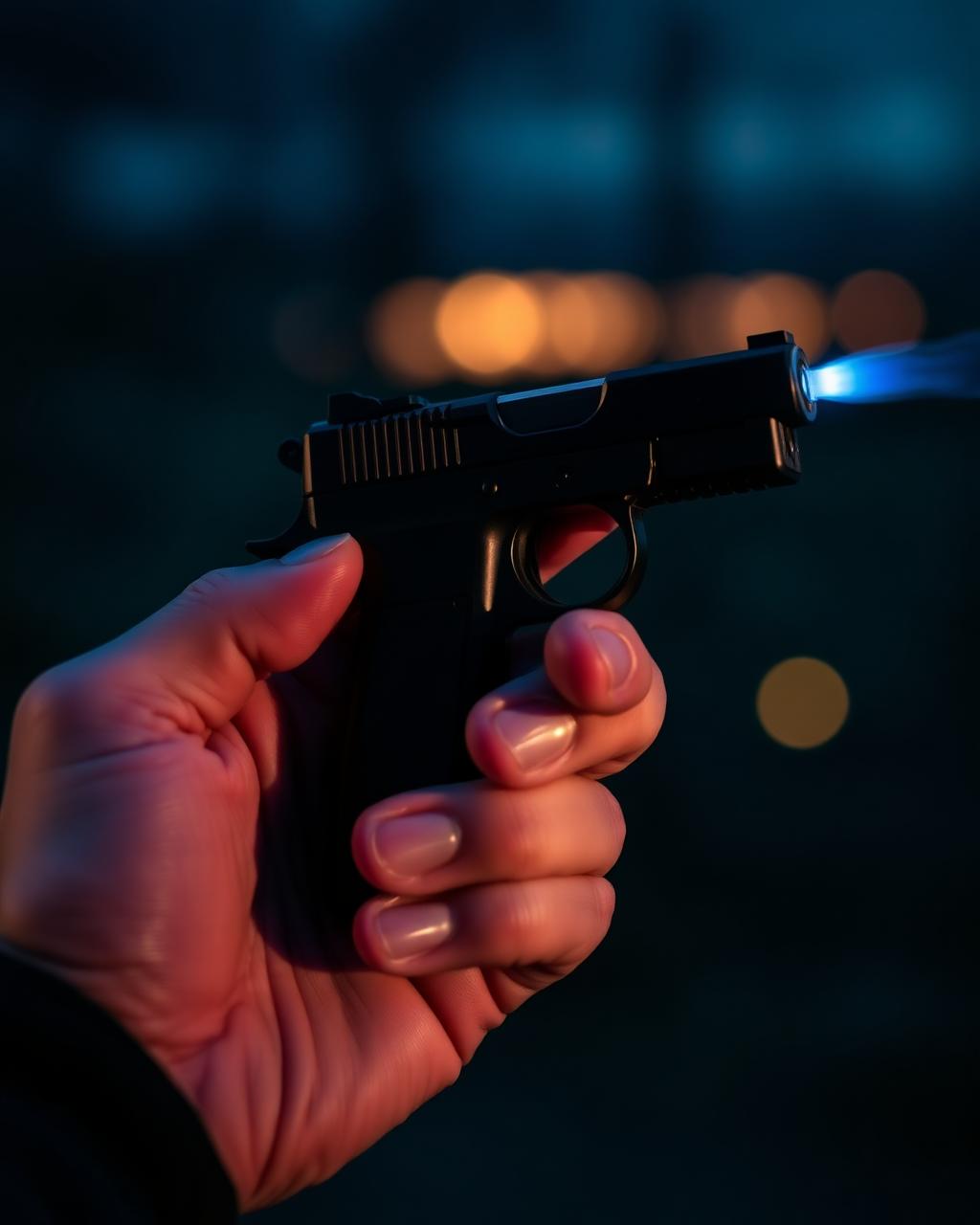 Hand holding The Gun Torch firing a blue jet flame at dusk